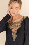 torina Black long-sleeved top, golden Lurex thread embroidery